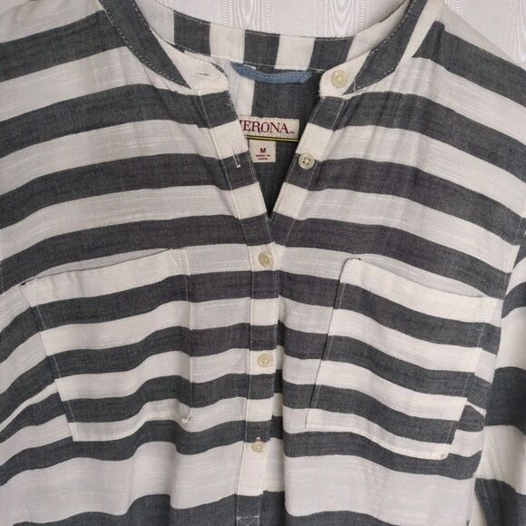 Merona Tunic Top Women Medium Stripes Nautical V-Neck Collarless Navy Cream M - Picture 3 of 11